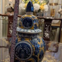 中国風 陶器製 壺 花瓶 青 黄色 インテリア アンティークの画像