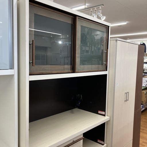 河口家具製作所　レンジボード　スライド2枚扉　4段引き出し　キズ有り　程度B ホワイト×ブラウン【取りに来れる方限定】