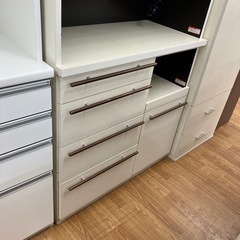 河口家具製作所　レンジボード　スライド2枚扉　4段引き出し　キズ有り　程度B ホワイト×ブラウン【取りに来れる方限定】の画像
