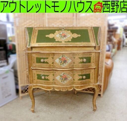 金箔貼り ライティングビューロー フィレンツェ イタリア製 鍵欠品 猫