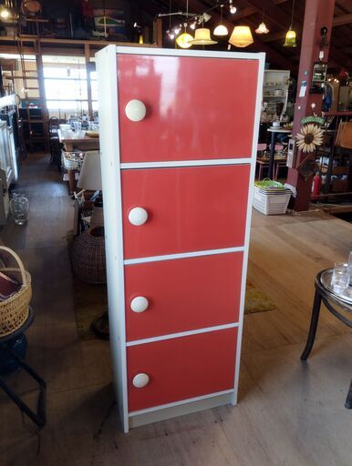 昭和レトロ　家具 レトロポップ カラーボックス 4段 収納 オレンジ 扉付き チェスト 昭和