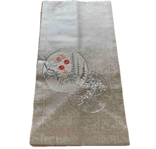 新品未使用 大丸購入 高級名古屋帯 正絹 銀地 花丸文 仕立て糸付き 礼装用