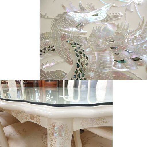 螺鈿細工 6人掛けダイニングテーブル セット ガラス天板付き 鳳凰 蔦