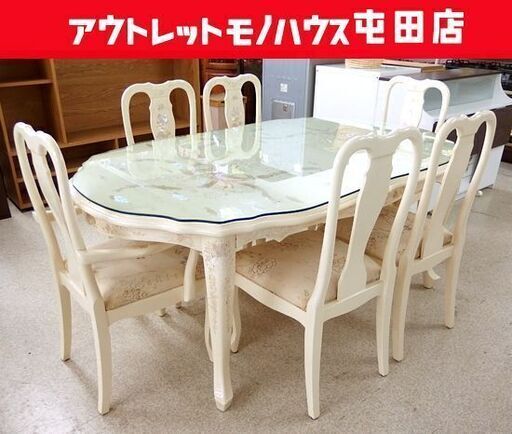 螺鈿細工 6人掛けダイニングテーブル セット ガラス天板付き 鳳凰 蔦