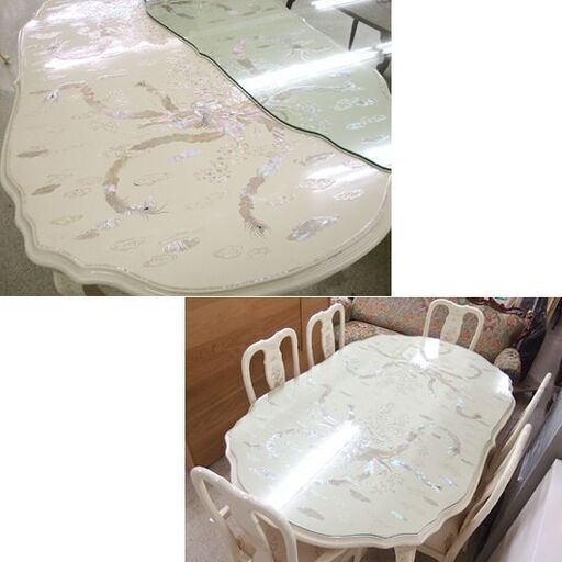 螺鈿細工 6人掛けダイニングテーブル セット ガラス天板付き 鳳凰 蔦