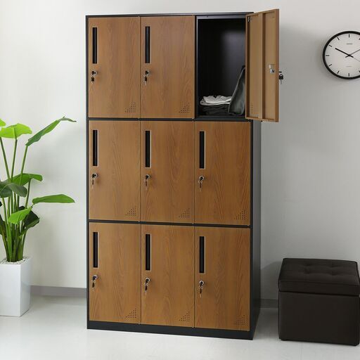 【受付終了】Hスチールロッカー【ゲラティ9扉／ブラック×ブラウン色】鍵付き 9人用 更衣ロッカー 収納 職場 木目調 オフィスロッカー訳あり B品 アウトレット品 完成品※定価34,990円