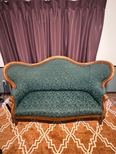 アンティーク調 木枠ソファ（グリーン・2〜3人掛け）