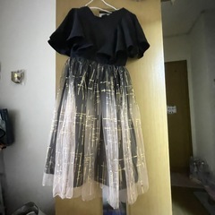 ❮ 新品未使用タグ付き‼️❯切り替え五分袖レギュラーウエスト配色Vネックパーティードレス ブラック 黑 LL 大きいサイズ　ゆったり　ワンピース　ミディアム丈の画像