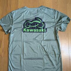 KAWASAKI Racing Team　ロゴ　軽量、速乾、通気性、吸汗メッシュ Tシャツ　オリーブグリーン　Lサイズの画像