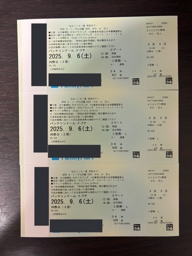 9/6(土)中日vs巨人 バンテリンドーム チケット 3塁側内野B席2枚