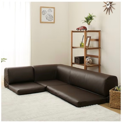 ニトリ ポケット付きロータイプコーナーソファ3点セット (合成皮革 DBR)