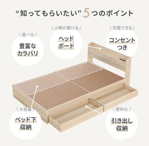 セミダブル ベッドフレーム コンセント付き USBポート付き 収納付き