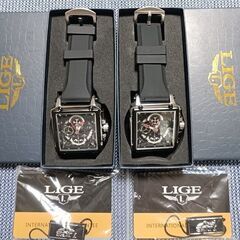 LIGE　スケルトン　ファッション　ペアウオッチ　スポーツ防水　ブラックの画像