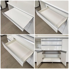 【超美品‼️】定価21万♪ 高級 松田家具 140cm幅キッチンボード(スモーク1400レンジ) 食器棚 収納家具 大理石調ホワイト♪の画像