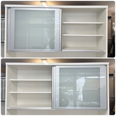 【超美品‼️】定価21万♪ 高級 松田家具 140cm幅キッチンボード(スモーク1400レンジ) 食器棚 収納家具 大理石調ホワイト♪の画像