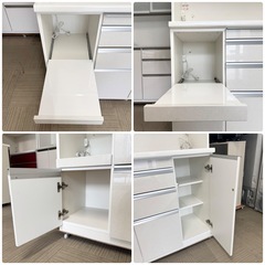 【超美品‼️】定価21万♪ 高級 松田家具 140cm幅キッチンボード(スモーク1400レンジ) 食器棚 収納家具 大理石調ホワイト♪の画像
