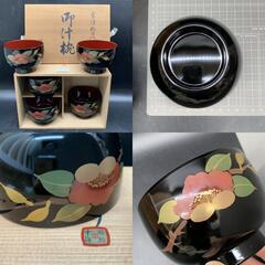 K317　未使用品 会津塗 亀仙工房 祥高作 御汁椀 五客セット 黒塗 本漆器 漆芸 うるし塗装 山茶花 共箱の画像