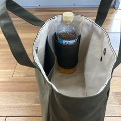 【ハンドメイド】帆布トートバッグ ダークカーキ ボトルホルダー付き0905新品未使用の画像