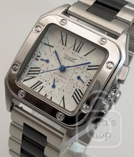 機械式多機能×モノトーン仕様で才色兼備のスクエアウォッチを構築【自動巻き/新品】バックスケルトンステンブレス ３連ブラックコンビ