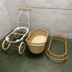 東京乳母車 プスプス ベビーカー セミオーダー ホワイト×ゴールド ベビー用品 乳母車 手押し車 藤籠 Y2187の画像