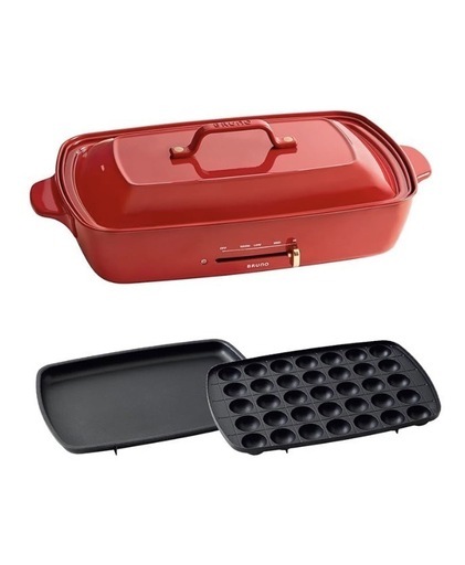 BRUNO ブルーノ ホットプレート グランデサイズ,　プレート2種 (たこ焼き 平面) レッド 赤 Red 