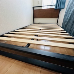 セミダブル ベッドフレーム（木目×スチール・通気性すのこ・頑丈＆おしゃれ）の画像