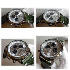 大人の為のドレス系クロノグラフ【タキメーター搭載緻密文字盤×深染めグリーンレザーで/新品】24時間計 日付 パンダ アンティーク加工革の画像