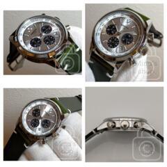 大人の為のドレス系クロノグラフ【タキメーター搭載緻密文字盤×深染めグリーンレザーで/新品】24時間計 日付 パンダ アンティーク加工革の画像