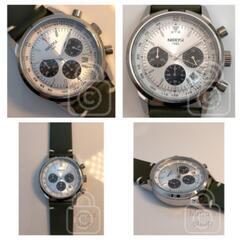 大人の為のドレス系クロノグラフ【タキメーター搭載緻密文字盤×深染めグリーンレザーで/新品】24時間計 日付 パンダ アンティーク加工革の画像