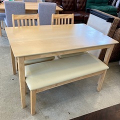 K2509-090 関家具 ダイニングテーブルセット 椅子2脚ベンチ付き ※バラ売り不可 キズ汚れ有りの画像