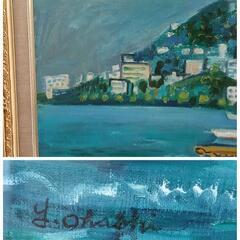 作者不明◆額付絵画 海 山 ボート 舟 街並み◆絵画 油絵 ◆中古の画像