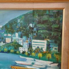 作者不明◆額付絵画 海 山 ボート 舟 街並み◆絵画 油絵 ◆中古の画像