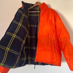 【引越し】リバーシブル中綿ジャケット（オレンジ×チェック柄・メンズL）4,000円の画像