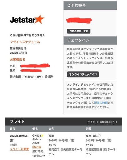 福岡→東京(成田)】航空券 飛行機 ジェットスター 男性名義