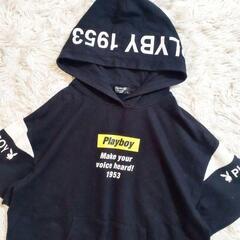 【S】プレイボーイ　半袖　フードパーカー　スウェットTシャツ　ロゴ　黒の画像