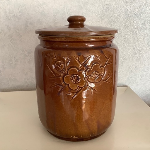 昭和レトロ蓋付き壺つぼ彫刻梅柄かめ梅干し壺味噌壺陶器保存容器