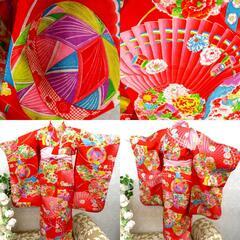 子供着物 アンティーク 昔 子供着物＆袖なし上着セット 赤 多色 檜扇 手毬 花玉 女児用 四つ身 レトロ きもの 上げあり 難あり 身丈83cm【中古】 【キモノオフ野々市若松店】の画像