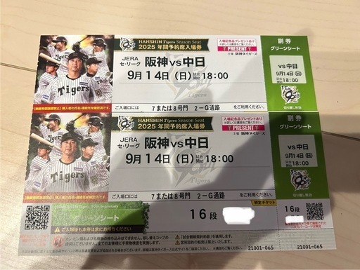 9/14 阪神VS中日　甲子園チケット