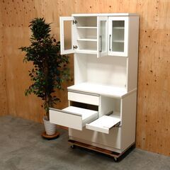 【9/11受渡予定】≪zyt2433ジ限≫ 美品 ニトリ キッチンボード/食器棚 2021年製造 RESUME/レジューム 幅90cm 高さ190cm (上)90TG-H WH (下)90QL-R WH ホワイト 中古家具/宮城県仙台市 70905-01の画像