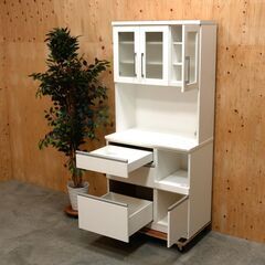 【9/11受渡予定】≪zyt2433ジ限≫ 美品 ニトリ キッチンボード/食器棚 2021年製造 RESUME/レジューム 幅90cm 高さ190cm (上)90TG-H WH (下)90QL-R WH ホワイト 中古家具/宮城県仙台市 70905-01の画像