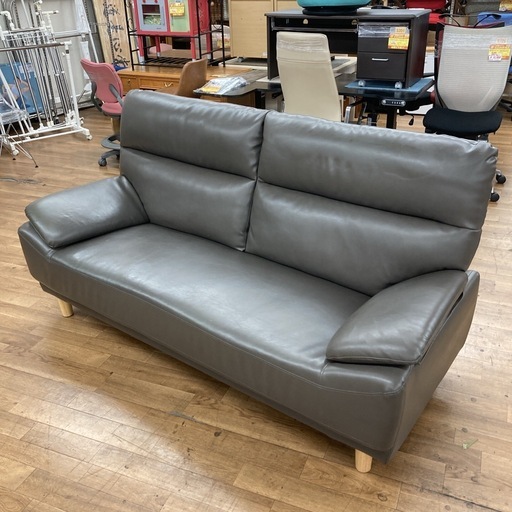 ジモティー限定価格！S139 ⭐３Pレザーソファ 人気カラー グレー 幅186cm USED