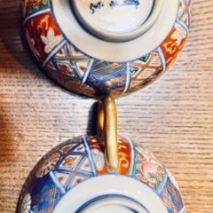 決まりました！　有田焼　ティーカップ　茶器セット　漆器茶器収納盆付き　銘あり　金縁　蓋付き　夫婦　茶器セットの画像