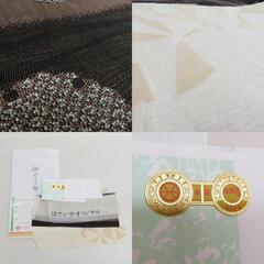 袋帯 正絹 洒落袋帯 華翔苑 スリーシーズンOK 証紙付き 金通三重織 西陣織 リバーシブル ベージュ色ｘ茶色 麻の葉に雪輪文様 全通柄 長さ460cm【中古】 【キモノオフ野々市若松店】の画像