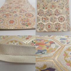 袋帯 正絹 金色ｘ多色 亀甲に花鳥文 金糸 六通柄 礼装 フォーマル 長さ435cm【中古】 【キモノオフ野々市若松店】の画像