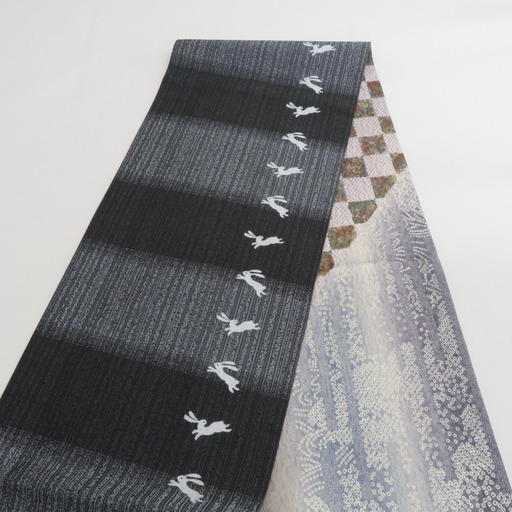 袋帯 正絹 洒落袋帯 リバーシブル 六通柄 飛び兎に千松模様 裏ふくれ