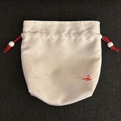 ポーチ　巾着　バッグ　３点セット　紺　白　茶色パッチワーク の画像
