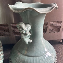 芸元 作 特大 飾り壺 高麗 青磁 花瓶 大壺 双耳 雲鶴文 の画像