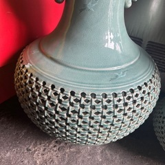 芸元 作 特大 飾り壺 高麗 青磁 花瓶 大壺 双耳 雲鶴文 の画像