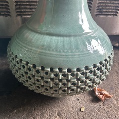 芸元 作 特大 飾り壺 高麗 青磁 花瓶 大壺 双耳 雲鶴文 の画像