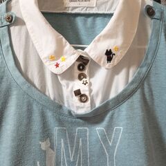 襟に猫&星の刺繍♪飾りボタンも可愛い♪【襟付き 半袖Ｔシャツ】Ｌサイズ(女児160位)♪通学トップス・プルオーバー♪水色の画像